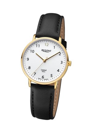Montre-bracelet dorée avec un cadran blanc, un bracelet en cuir noir, et gravée avec "REGENT" et "Édition Limitée." Présente des index et des aiguilles noirs.