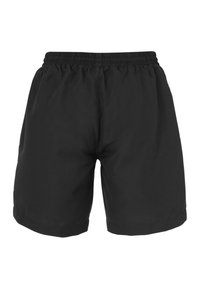 Shorts de bain noirs avec une taille élastique, un tissu léger et un design simple et sans ornements avec des bords ourlés.