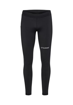 Czarne dopasowane legginsy sportowe z elastycznym pasem i logo "hummel" nadrukowanym na przedniej górnej części uda.