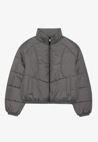 Graue Pufferjacke mit hohem Kragen, Frontreißverschluss und elastischen Bündchen. Verfügt über gesteppten Einsätze und ein kurzes Design mit seitlichen Taschen.