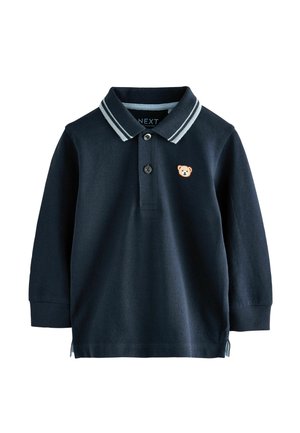 Marineblaues Langarm-Polohemd aus strukturiertem Stoff mit klassischem Kragen, drei Knöpfen und einer Teddy-Bären-Stickerei auf der Brust.