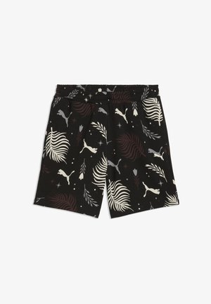 Zwarte korte broek met een elastische tailleband, bedrukt met witte en bruine tropische bladeren en grijze Puma-katlogo's verspreid over het oppervlak.