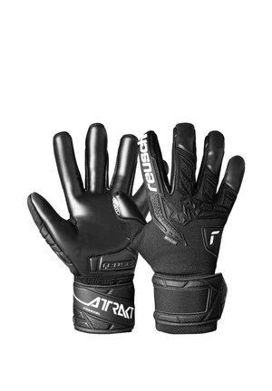 Paar schwarze Reusch-Torwarthandschuhe mit strukturierten Handflächen, verstellbaren Handgelenkriemen und markanten Details auf dem Handrücken und den Handgelenkbereichen.