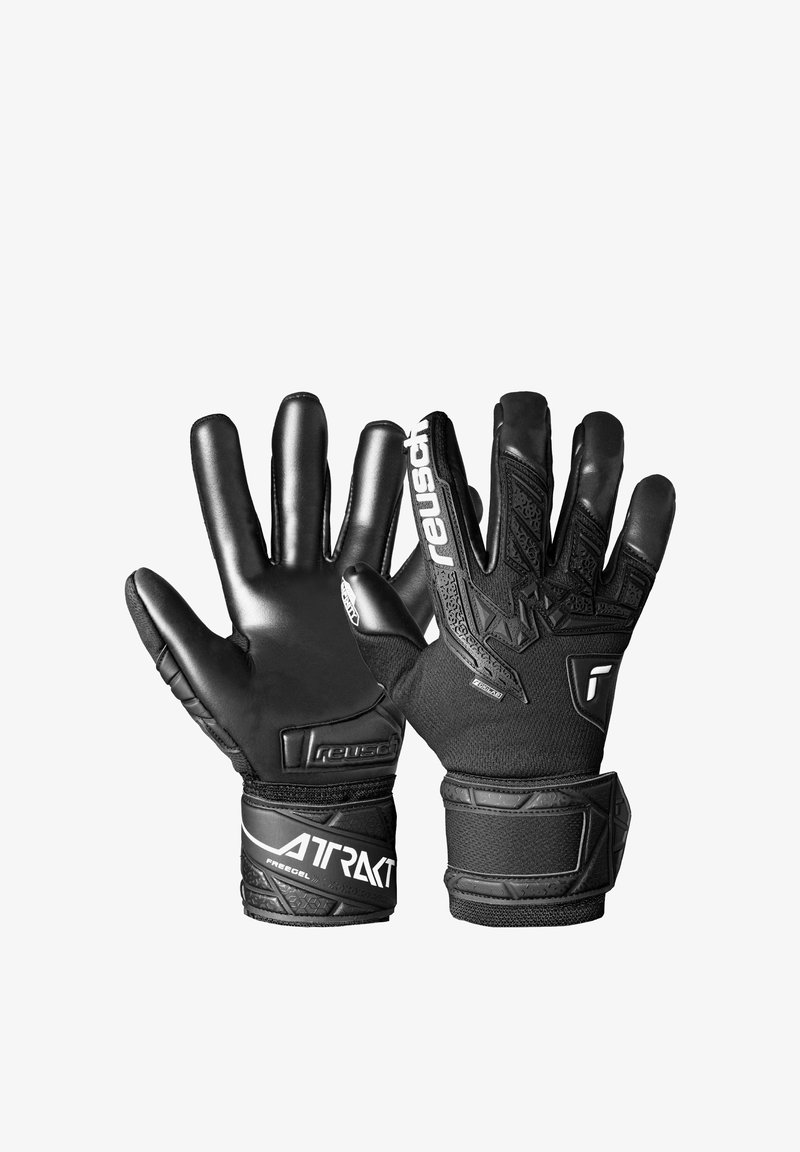 Pair of black Reusch goalkeeper gloves with textured palms, adjustable wrist straps, and branded details on backhand and wrist areas.