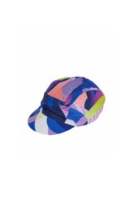 Colorful patterned cap featuring shades of blue, pink, green, and purple. It has a curved visor and a structured top.