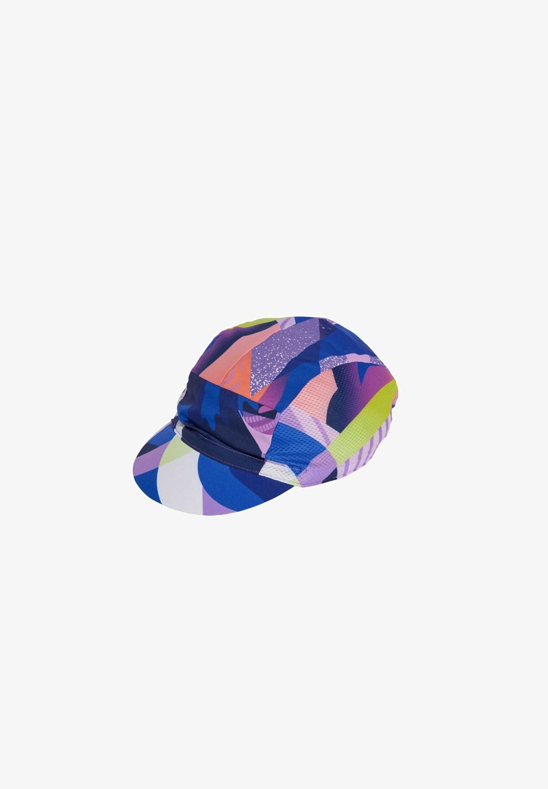 Colorful patterned cap featuring shades of blue, pink, green, and purple. It has a curved visor and a structured top.