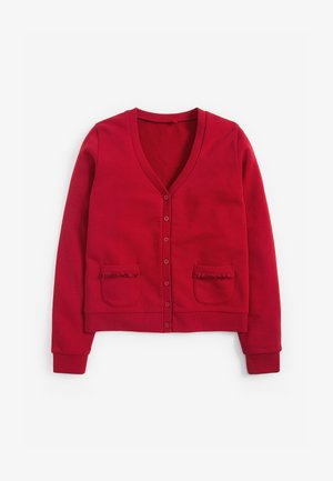 Cardigan rouge avec un col en V, fermeture à bouton et deux poches avant avec des bords froncés. Fabriqué en tissu doux et texturé.