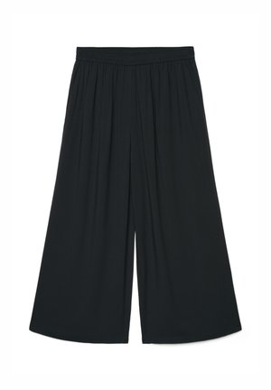 Pantaloni neri a gamba larga con cintura elastica e dettagli plissettati sul davanti, distesi su uno sfondo bianco.