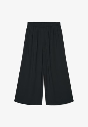 Pantaloni neri a gamba larga con cintura elastica e dettagli plissettati sul davanti, distesi su uno sfondo bianco.