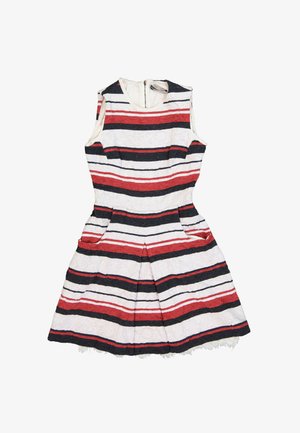 Ärmelloses Kleid mit horizontalen Streifen in Rot, Schwarz und Weiß, tailliert mit ausgestelltem Rock und seitlichen Taschen.