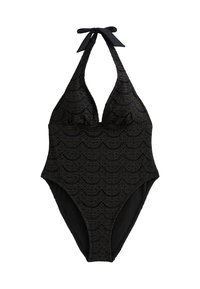 Maillot de bain une pièce noir avec un col halter et un nœud. Présente un design en dentelle texturée et une silhouette ajustée. Doublure intérieure lisse.