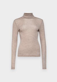 Langermet turtleneck i myk, lys beige stoff. Tettsittende design med en glatt tekstur og høy krage.