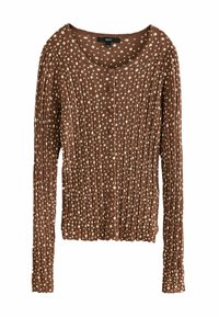 Gilet marron à côtes avec des pois crème, col rond, manches longues et fermeture à boutons sur le devant. Tissu en tricot texturé.