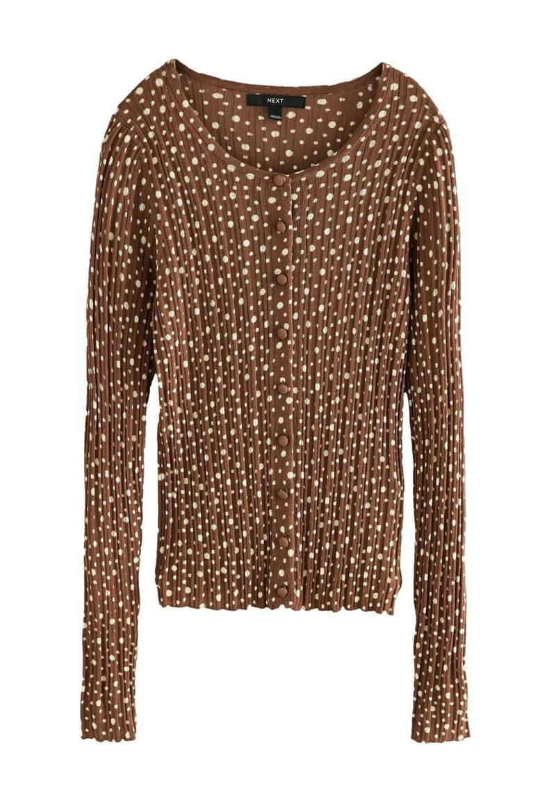 Braun gestreifter Cardigan mit cremefarbenen Punkten, runder Ausschnitt, lange Ärmel und Knopfleiste. Strukturierter Strickstoff.