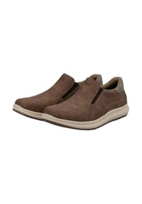 Bruine instap schoenen van leer met elastische zijkanten, een gevoerde binnenzool en een gestructureerde rubberen buitenzool voor grip.