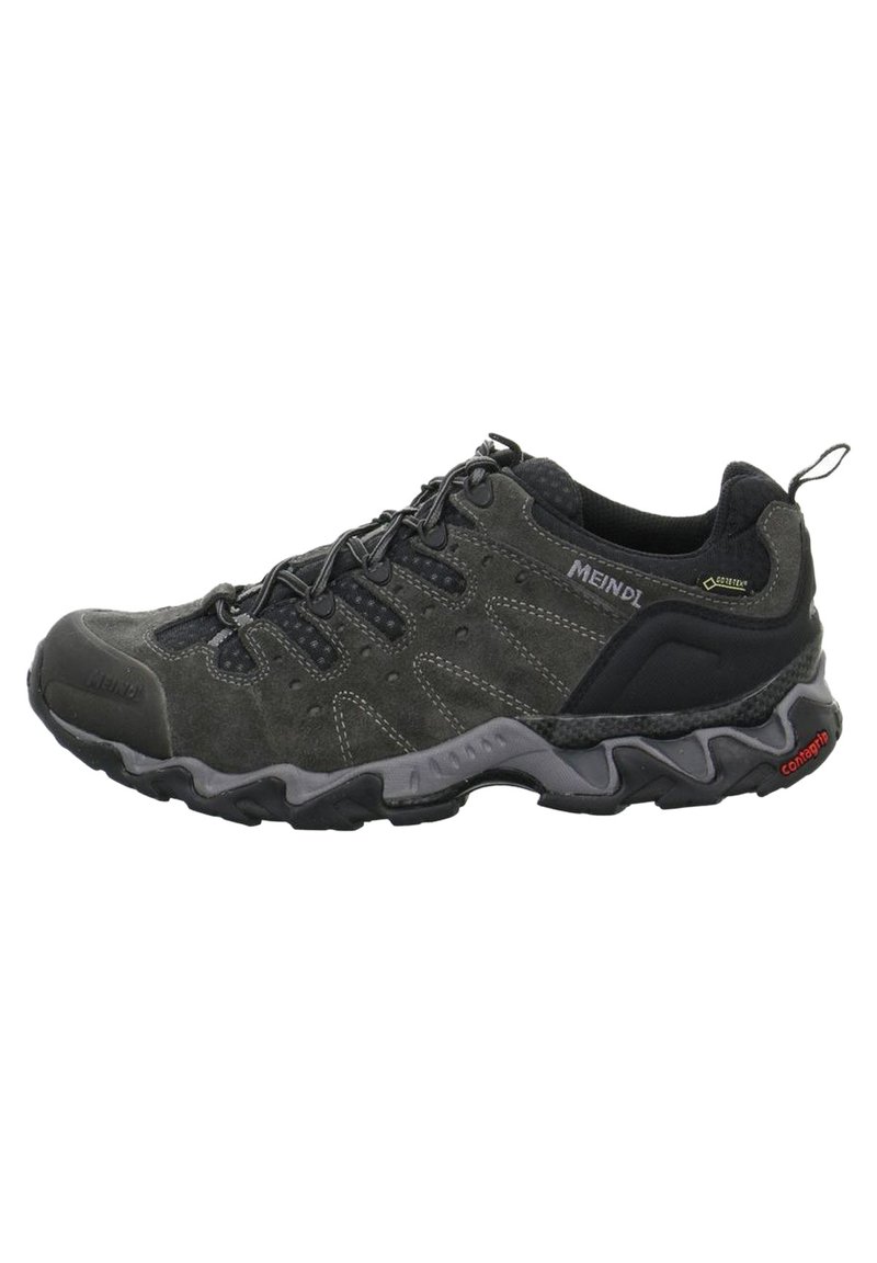 Black suede and mesh hiking shoe featuring a textured rubber outsole, reinforced toe cap, and contrasting gray stitching. Lightweight design.