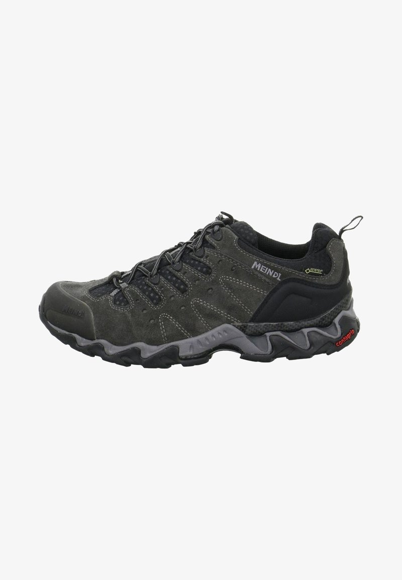 Black suede and mesh hiking shoe featuring a textured rubber outsole, reinforced toe cap, and contrasting gray stitching. Lightweight design.