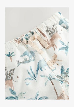 Lichte katoenen shorts met een pastel dieren- en bladerenpatroon; voorzien van een elastische tailleband en een beige trekkoorddetail.
