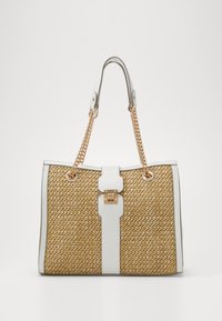 Woven straw handbag with white leather accents, gold-tone chain straps, and a metal clasp. Rectangular shape with a textured finish.