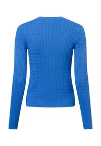 Blauer gestrickter Pullover mit einem gerippten Muster, langen Ärmeln und einem runden Halsausschnitt. Die Rückansicht zeigt gleichmäßige Nähte und dezente Zopfmuster.