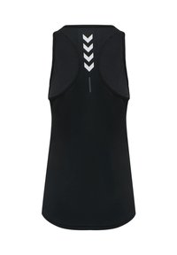 Schwarzes ärmelloses Sport-Top mit reflektierenden weißen Chevron-Streifen am oberen Rücken zur besseren Sichtbarkeit.