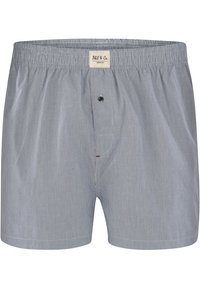 Herenboxers in een lichtblauwe en witte gestreepte patroon, gemaakt van geweven katoen. Voorzien van een frontale knoop en een elastische tailleband voor comfort.