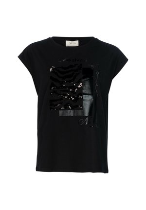 T-shirt noir à manches courtes avec un panneau en imprimé zèbre texturé, des sequins et du texte imprimé dans des couleurs contrastées. Tissu doux.