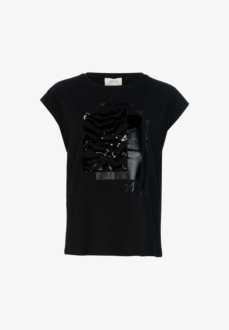 T-shirt nera a manica corta con pannello in stampa zebra testurizzata, paillettes e testo stampato in colori a contrasto. Tessuto morbido.