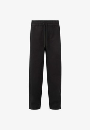 Svarta sweatpants med elastisk midja och dragsko, med rak benstil och sidofickor, tillverkade av mjukt tyg.