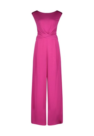 Fuchsia jumpsuit med et bredt ben-design, sømløse skuldre og en snoet detalje i taljen, lavet af et glat og let stof.