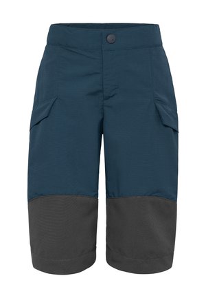 Dunkelblaue und schwarze knielange Shorts mit Knopfverschluss und Klappentaschen an den Seiten, entworfen für den Außeneinsatz.