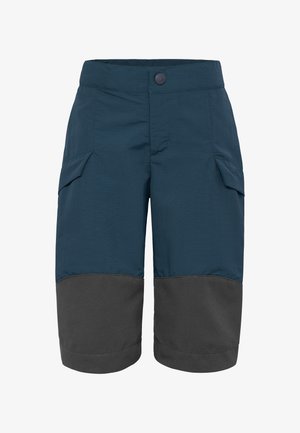 Dark blue and black knee-length shorts with button closure and flap pockets on the sides, designed for outdoor wear.