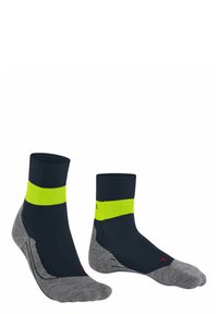 Calcetines navy con una banda amarilla neón y acentos grises; hasta la mitad de la pantorrilla; confeccionados con materiales mezclados para mayor comodidad y durabilidad.