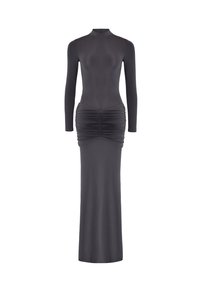 Langermige, aansluitende zwarte jurk van rekbare stof, met gathered details bij de taille en een hoge halslijn.