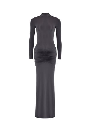 Langärmlig, figurbetonendes schwarzes Kleid aus dehnbarem Material, mit gerafften Details an der Taille und einem hohen Ausschnitt.