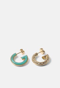 Pair of gold hoop earrings, one with turquoise enamel and the other embedded with clear rhinestones, both with butterfly backs.