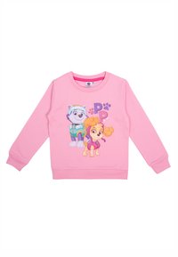 Felpa di cotone rosa con due cani cartoon, uno con un vestito blu e l'altro in rosa, entrambi con espressioni giocose.