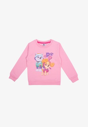 Felpa di cotone rosa con due cani cartoon, uno con un vestito blu e l'altro in rosa, entrambi con espressioni giocose.