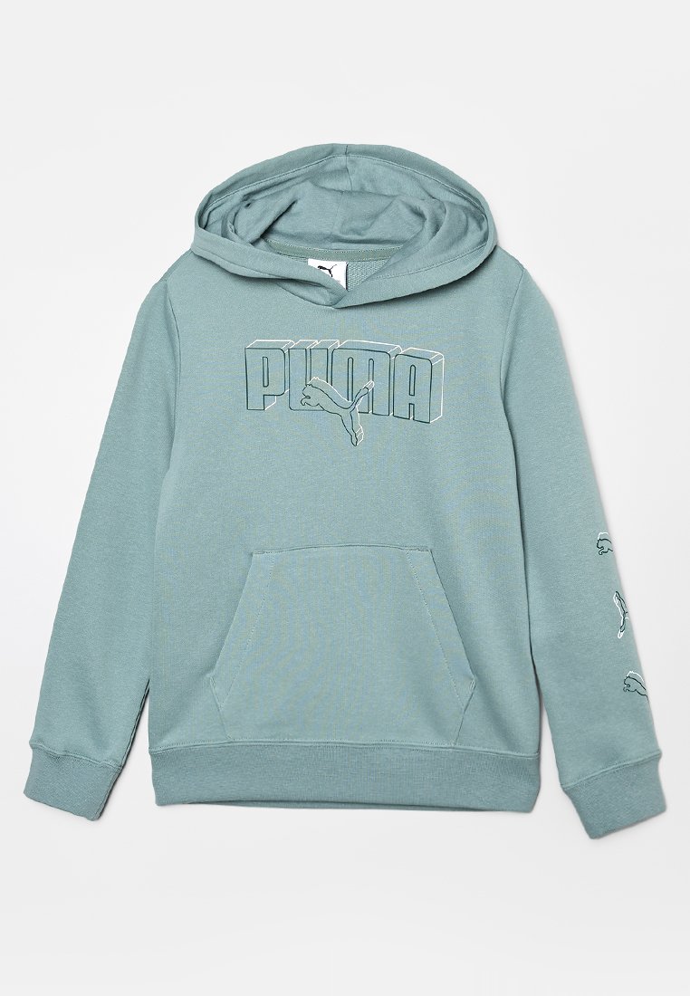 Sweatshirt teal clair avec capuche, poche kangourou et poignets côtelés. Présente un grand graphique "PUMA" et de petits logos sur les manches.