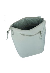 Light gray bag with a zippered top, featuring a front pocket, a smooth texture, and a minimalistic design. Interior is dark gray.