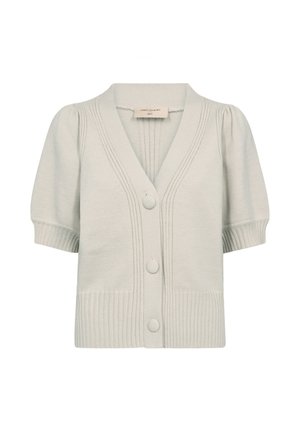 Lichtgrijze gebreide cardigan met korte pofmouwen, v-hals, geribbelde zoom en sluiting met knopen aan de voorkant. Heeft verticale ribbels op het lichaam.