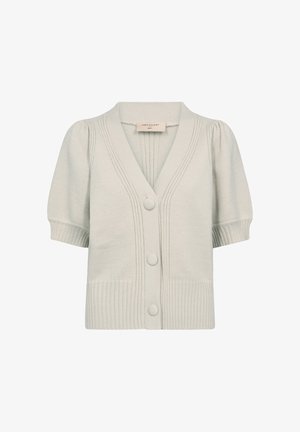 Lichtgrijze gebreide cardigan met korte pofmouwen, v-hals, geribbelde zoom en sluiting met knopen aan de voorkant. Heeft verticale ribbels op het lichaam.