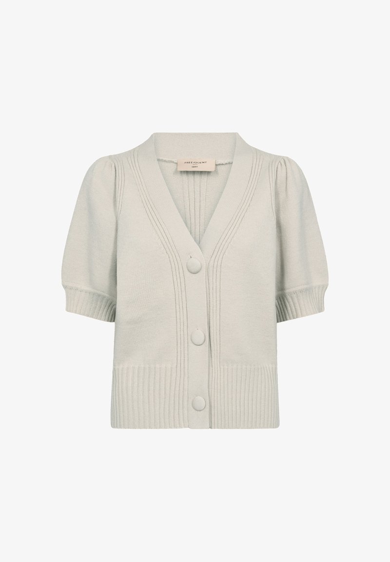 Lichtgrijze gebreide cardigan met korte pofmouwen, v-hals, geribbelde zoom en sluiting met knopen aan de voorkant. Heeft verticale ribbels op het lichaam.