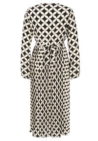 Dlouhé šaty v černobílé barvě s geometrickými tvary, s vázáním v pase, dlouhými rukávy a splývajícím designem. Vyrobené z lehkého materiálu.