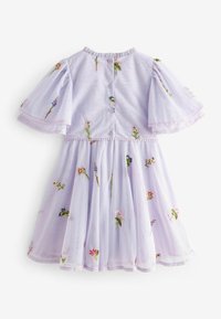 Lilafarbenes Kleid mit gestickten Blumenmustern, Puffärmeln, einem gerafften Ausschnitt und Knopfverschluss im Rücken. Durchsichtiges Gewebe mit strukturierter Detail.