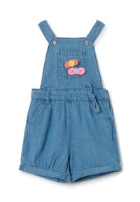 Lichtblauwe denim overall, met verstelbare bandjes, een voorzak met kleurrijke knoopaccenten en een design met omgeslagen shorts.