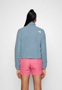 Niebieski polarowy sweter z wysokim kołnierzem i logo na górnej części pleców, zestawiony z różowymi szortami. Prosty, casualowy design i materiały.