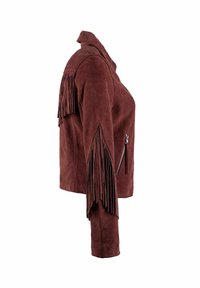 Jakna od antilopa tamnocrvene boje s ukrasnim resama na ramenima i rukavima. Ima džep s patentnim zatvaračem i kroj koji prati liniju tijela. Teksturirani završni sloj.