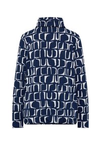Marineblaue Fleecejacke mit langen Ärmeln, weißem abstraktem geometrischem Muster und hohem Kragen, von hinten betrachtet.