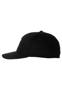 Gorra de béisbol negra con visera plana, copa estructurada y pequeño detalle del logo en la parte frontal. Hecha de una tela con una textura suave.